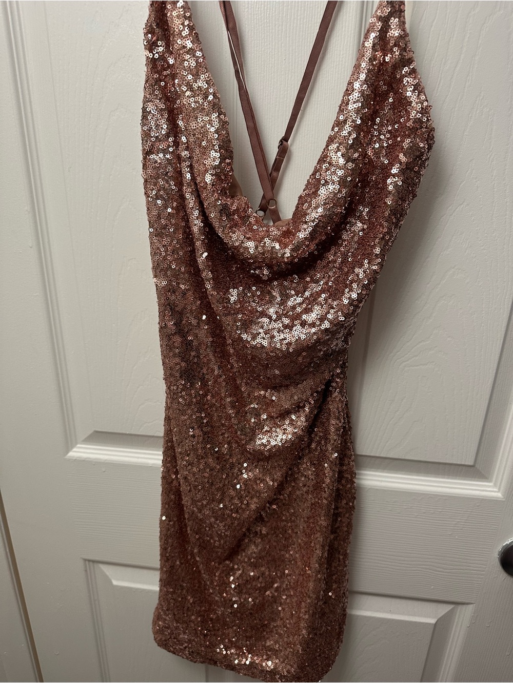 Fashion Nova Rose Gold Sequin Cowl Neck Mini Dress